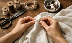 Mani che cuciono a mano con precisione, come a macchina. Filo, aghi, forbici e bottoni pronti per creare.