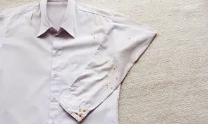 Camicia bianca in cotone con macchie di ruggine. Come togliere macchie di ruggine dal cotone bianco.