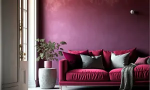 Divano fucsia con cuscini grigi e bordeaux, su sfondo magenta. Il colore magenta, caldo o freddo, crea un'atmosfera accogliente.