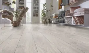 Un luminoso soggiorno con pavimento laminato effetto legno chiaro. Un divano con cuscini colorati e una libreria completano l'arredamento.