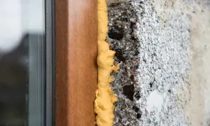 Schiuma espansa gialla sigilla i buchi tra un telaio di finestra marrone e un muro grezzo di cemento.