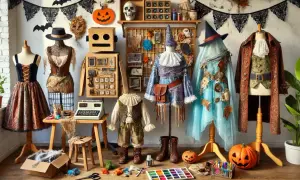Creazione di costumi horror fai da te: manichini con abiti spettrali, zucche intagliate e materiali per il bricolage.