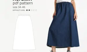 Modello PDF per imparare come fare una gonna lunga con elastico in vita. Taglie 34-46. Tutorial di cucito.