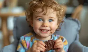 Bambino con riccioli biondi e occhi azzurri, con una macchia di cioccolato su cotone bianco, tiene in mano una barretta di cioccolato.