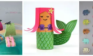 Lavoretti con la stoffa facili per bambini: barchette di sughero con vele scintillanti, sirena di carta e festone di elefanti colorati.