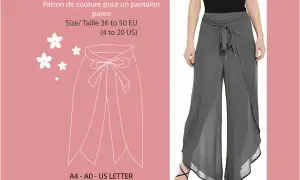 Cartamodello per pantaloni pareo eleganti, con dettagli di fiorellini e taglie disponibili in inglese e francese.