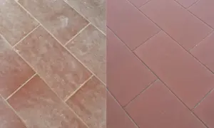 Prima e dopo: come togliere macchie di cemento dal pavimento. Pavimento in cotto sporco e poi pulito, con fughe perfette.