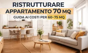 Guida ai costi per la ristrutturazione completa casa di un appartamento di 70 mq. Interni luminosi con cucina e soggiorno moderni.