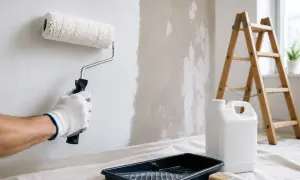 Mano guantata stende fissativo per pittura con rullo su muro grezzo. Scala e contenitore in primo piano.