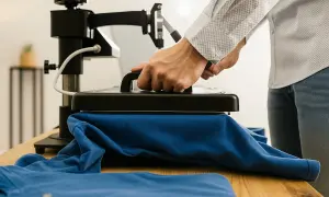 Applicazione di toppe con ferro da stiro su una maglietta blu.