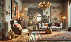 Un salotto in stile eclettico con tappeti orientali, mobili antichi e decorazioni artistiche.