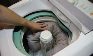 Mano che sistema la cuccia del cane nella lavatrice, pronta per essere lavata.