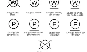 Simboli di lavaggio per la lavatrice: lavaggio a secco, a umido, con percloroetilene e idrocarburi.