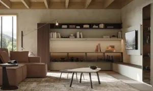 Soggiorno moderno con divano marrone, tavolini, libreria a parete e TV. Ideale per chi cerca case da arredare con stile.