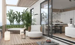 Un'oasi di relax: come arredare un terrazzo con piante lussureggianti, comode sedute e un'area living che si fonde con la cucina interna.