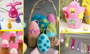 Lavoretti di Pasqua con pannolenci: coniglietti colorati, uova decorate e cestini floreali, perfetti per creare un'atmosfera festosa.