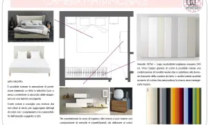 Progetto camera matrimoniale con letto imbottito e armadio modulabile. La scelta dei colori neutri e rilassanti, in linea con il feng shui casa, crea un ambiente armonioso.