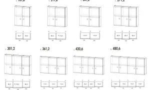 Schemi di armadi con diverse lunghezze e configurazioni. La profondità minima armadio è indicata per ogni modulo.