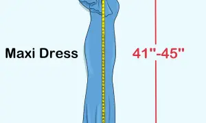 Un metro a nastro mostra come misurare un vestito lungo, indicando una lunghezza di 41-45 pollici.