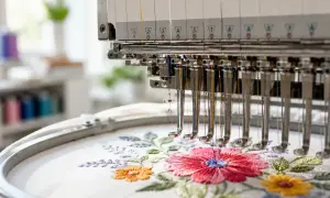 Macchine per ricamo a mano creano un bellissimo disegno floreale su tessuto bianco.