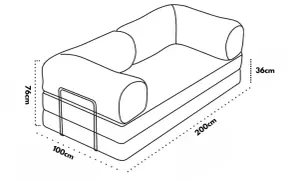 Disegno tecnico di un divano letto con dimensioni: altezza 76cm, larghezza 100cm, lunghezza 200cm e altezza seduta 36cm.