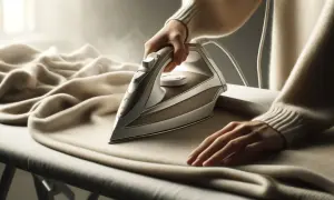 Mani che stirano un maglione di lana merinos, mantenendolo morbido e perfetto. Cura e attenzione per il lavaggio a secco lana merinos.