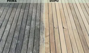 Prima e dopo: il legno grigio e opaco, con macchie grigie dopo lavaggio in lavatrice, è stato riportato al suo colore naturale.
