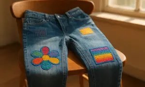 Jeans con fiore colorato e arcobaleno, decorati con punti cucito a mano decorativi.
