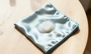 Un panno di seta azzurro con una macchia di sapone e schiuma, pronto per imparare come smacchiare la seta.