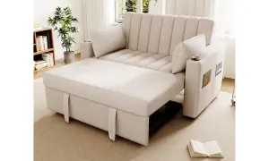 Divano letto beige con chaise longue estesa, ideale per chi cerca idee per trasformare il letto in divano. Pratico e moderno.