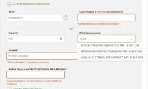Compilazione bonifico parlante per detrazioni fiscali: IBAN, importo, causale e riferimento causale (es. ristrutturazione).