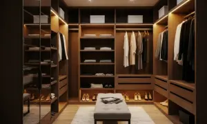 Elegante stanza cabina armadio con finestra, illuminata da luci soffuse. Scaffali in legno scuro ospitano abiti e scarpe, con un pouf centrale.