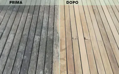 Prima e dopo: il legno grigio e opaco, con macchie grigie dopo lavaggio in lavatrice, è stato riportato al suo colore naturale.