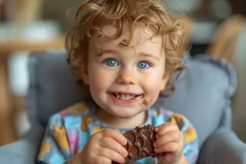 Bambino con riccioli biondi e occhi azzurri, con una macchia di cioccolato su cotone bianco, tiene in mano una barretta di cioccolato.