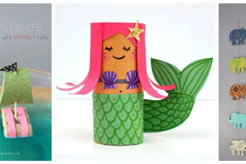 Lavoretti con la stoffa facili per bambini: barchette di sughero con vele scintillanti, sirena di carta e festone di elefanti colorati.