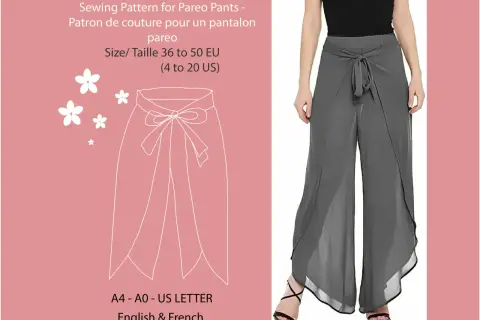 Cartamodello per pantaloni pareo eleganti, con dettagli di fiorellini e taglie disponibili in inglese e francese.
