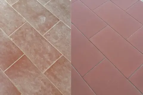Prima e dopo: come togliere macchie di cemento dal pavimento. Pavimento in cotto sporco e poi pulito, con fughe perfette.