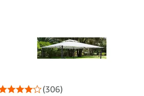 Gazebo bianco con tetto a doppio falda, ideale per coprire un gazebo in giardino. Struttura in metallo scuro e telo impermeabile.