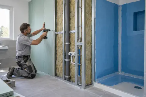 Operaio fissa pannelli di cartongesso su struttura metallica, creando una nuova parete in un bagno in fase di ristrutturazione.