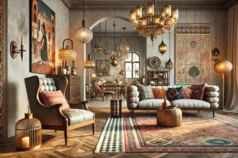 Un salotto in stile eclettico con tappeti orientali, mobili antichi e decorazioni artistiche.