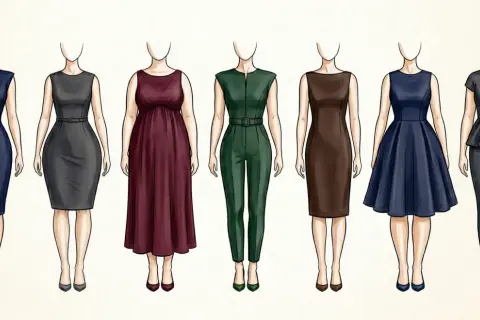 Illustrazione di diverse silhouette femminili in abiti eleganti. Guida visiva per capire come misurare le spalle donna per un abito perfetto.