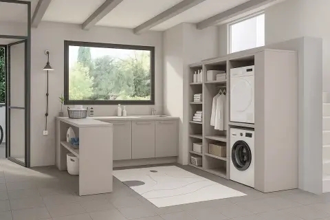 Lavanderia moderna con lavatrice, asciugatrice e armadi a giorno. Ottime idee lavanderia per organizzare lo spazio.