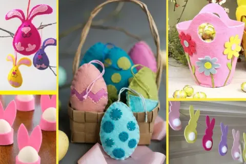 Lavoretti di Pasqua con pannolenci: coniglietti colorati, uova decorate e cestini floreali, perfetti per creare un'atmosfera festosa.