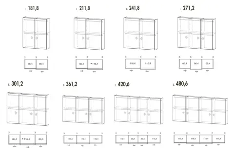 Schemi di armadi con diverse lunghezze e configurazioni. La profondità minima armadio è indicata per ogni modulo.