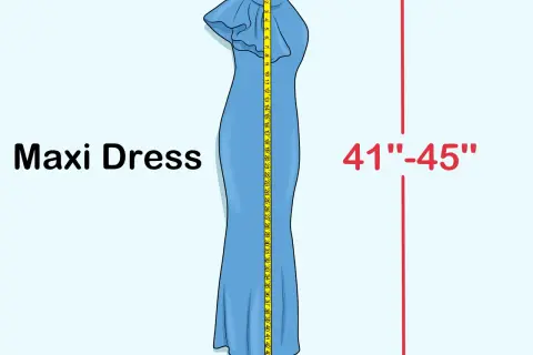 Un metro a nastro mostra come misurare un vestito lungo, indicando una lunghezza di 41-45 pollici.
