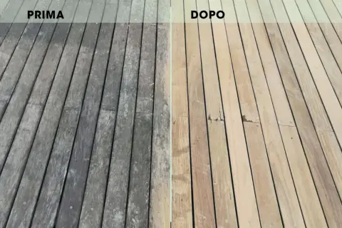 Prima e dopo: il legno grigio e opaco, con macchie grigie dopo lavaggio in lavatrice, è stato riportato al suo colore naturale.