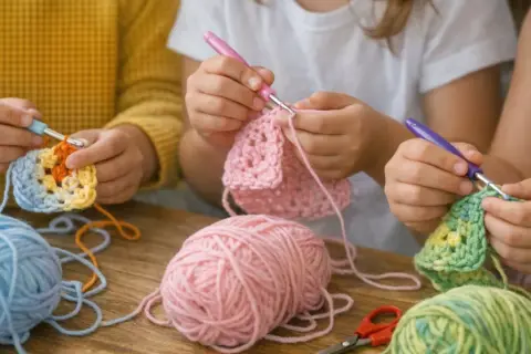 Bambini imparano come si ricama all'uncinetto, con gomitoli colorati e uncinetti.