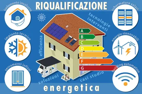 Illustrazione di una casa con pannelli solari, che mostra consigli per risparmiare energia: isolamento, infissi, impianto termico, energie rinnovabili e automazione.