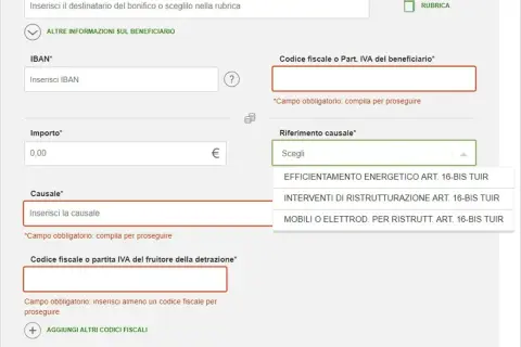 Compilazione bonifico parlante per detrazioni fiscali: IBAN, importo, causale e riferimento causale (es. ristrutturazione).