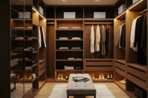 Elegante stanza cabina armadio con finestra, illuminata da luci soffuse. Scaffali in legno scuro ospitano abiti e scarpe, con un pouf centrale.